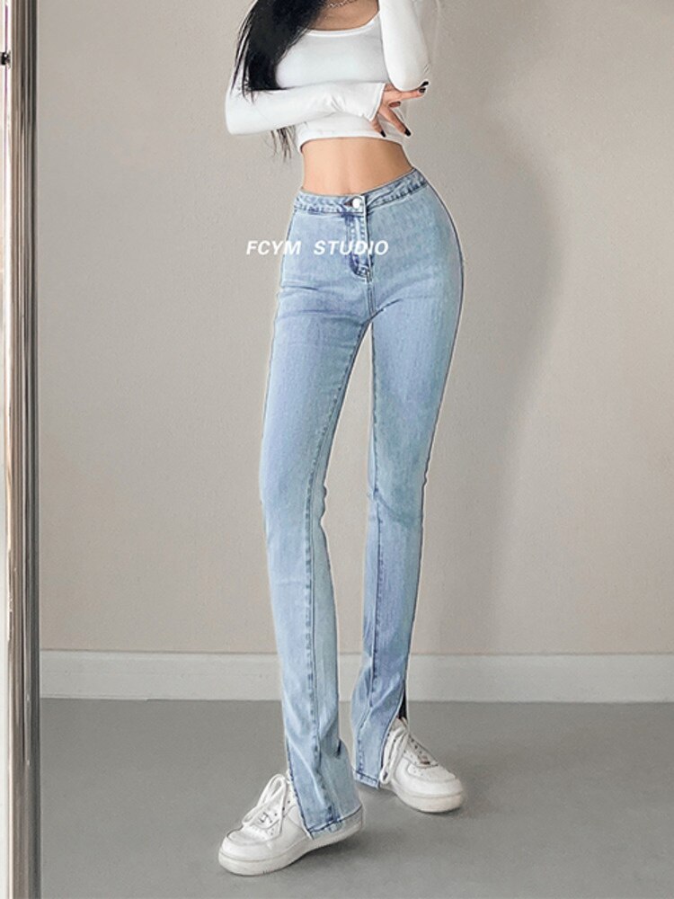Hip Sweet Tight Stretch High Waist Black Split Jeans For Women Slim Floor Dragging Micro Flare Pants Korean Pants M2